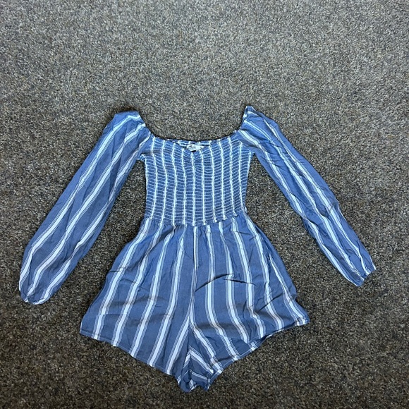 Hollister Pants - Hollister Blue and White Striped Off The Shoulder Romper Size Small y2k summer